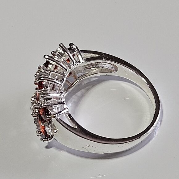 925 Sterling Silver Orange & Clear Rhinestone Flower Ring Sz 7.5 - Picture 11 of 16
